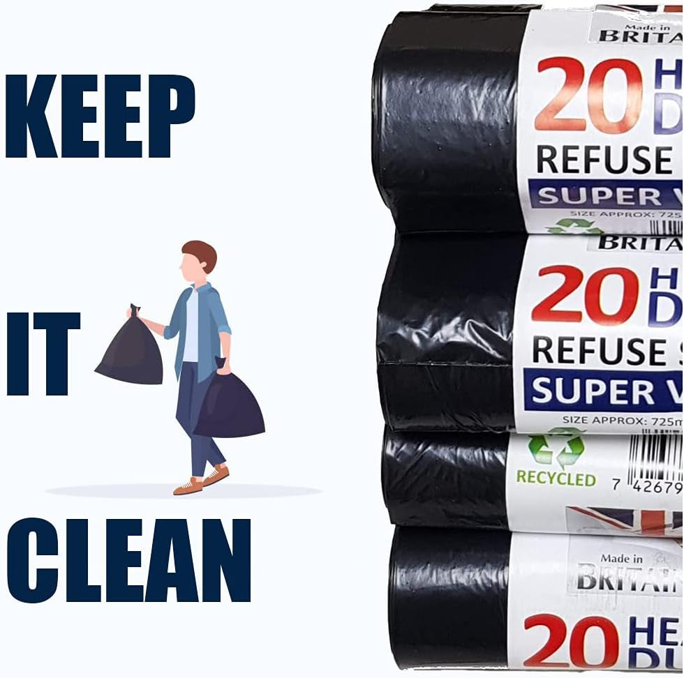 200 Heavy Duty Black Bin Liners Refuse Sacks Bin Bag Rolls - Made in Britain