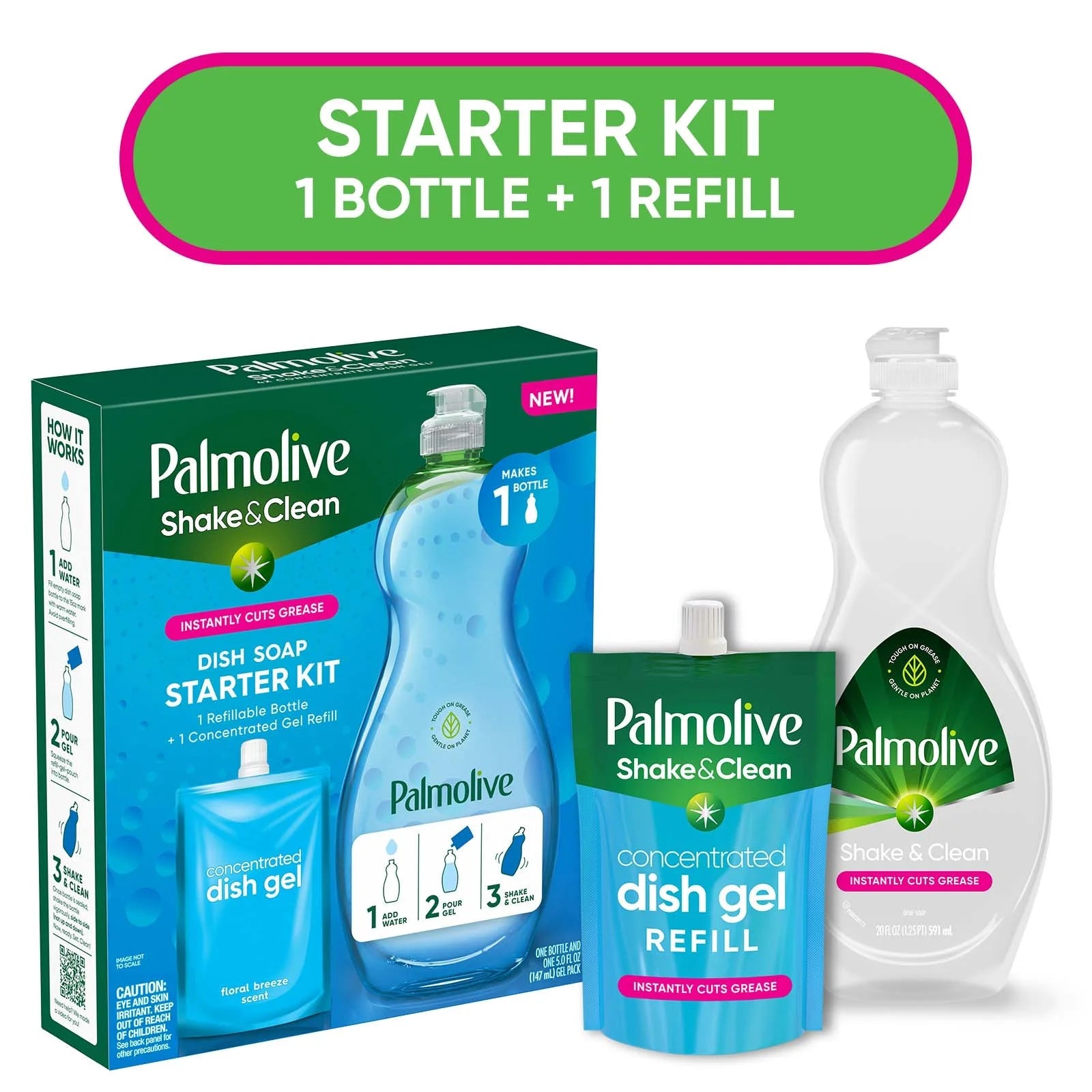 Palmolive Shake & Clean Starter Kit, Dish Soap Concentrate, 20 Oz, Floral Breeze Scent