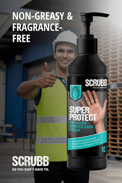 SCRUBB Super Protect Pre-Work Barrier Hand Cream Moisturiser, Non-Greasy, Fragrance-Free, 1L Pump Top Bottle