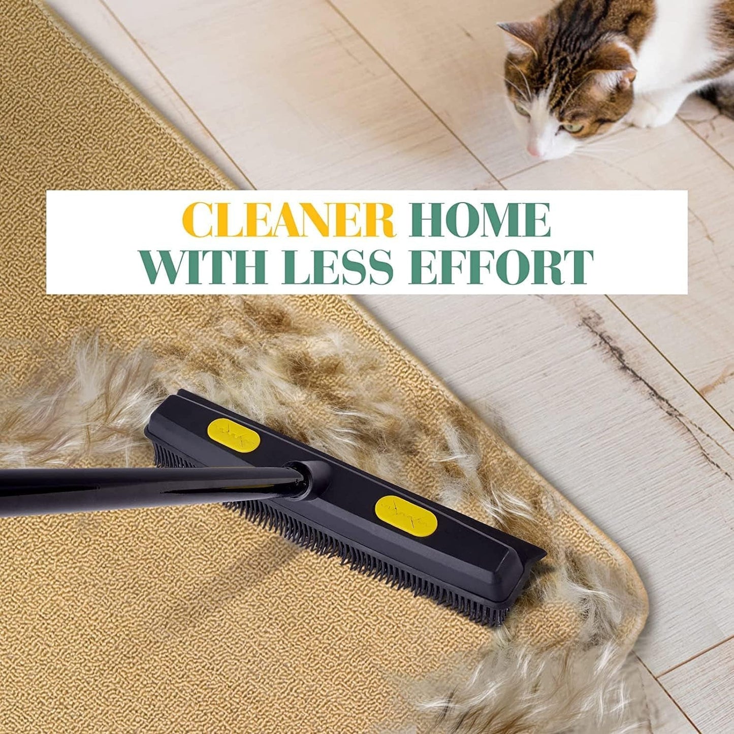 WELDUN Rubber Broom Telescoping Handle 142Cm Rubber Brush Pet Hair Removal Broom, Fur Remover Broom with Squeegee and Handle, Detailing Brush, Dog Hair Remover for Carpets, Couch, Yellow/Black