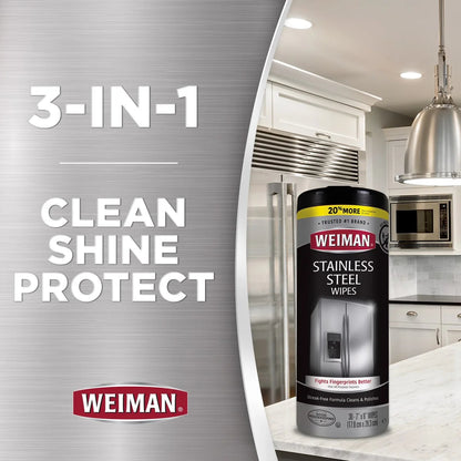 Weiman Stainless Steel Appliance Cleaning Wipes, Streak-Free Shine, 30 Count