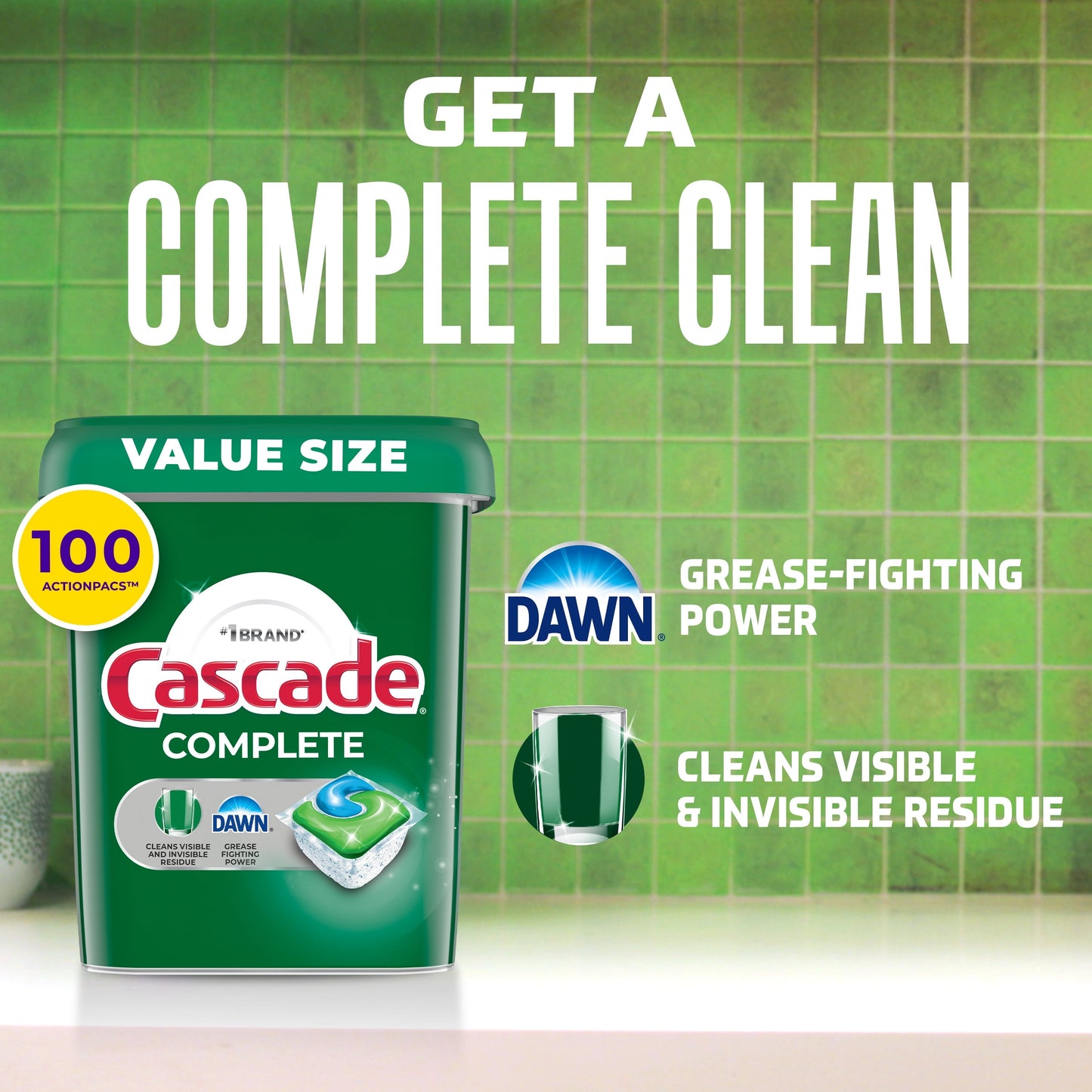 Cascade Complete Dishwasher Pods, Action Pacs Dishwasher Detergent Tabs, Fresh, 100 Count