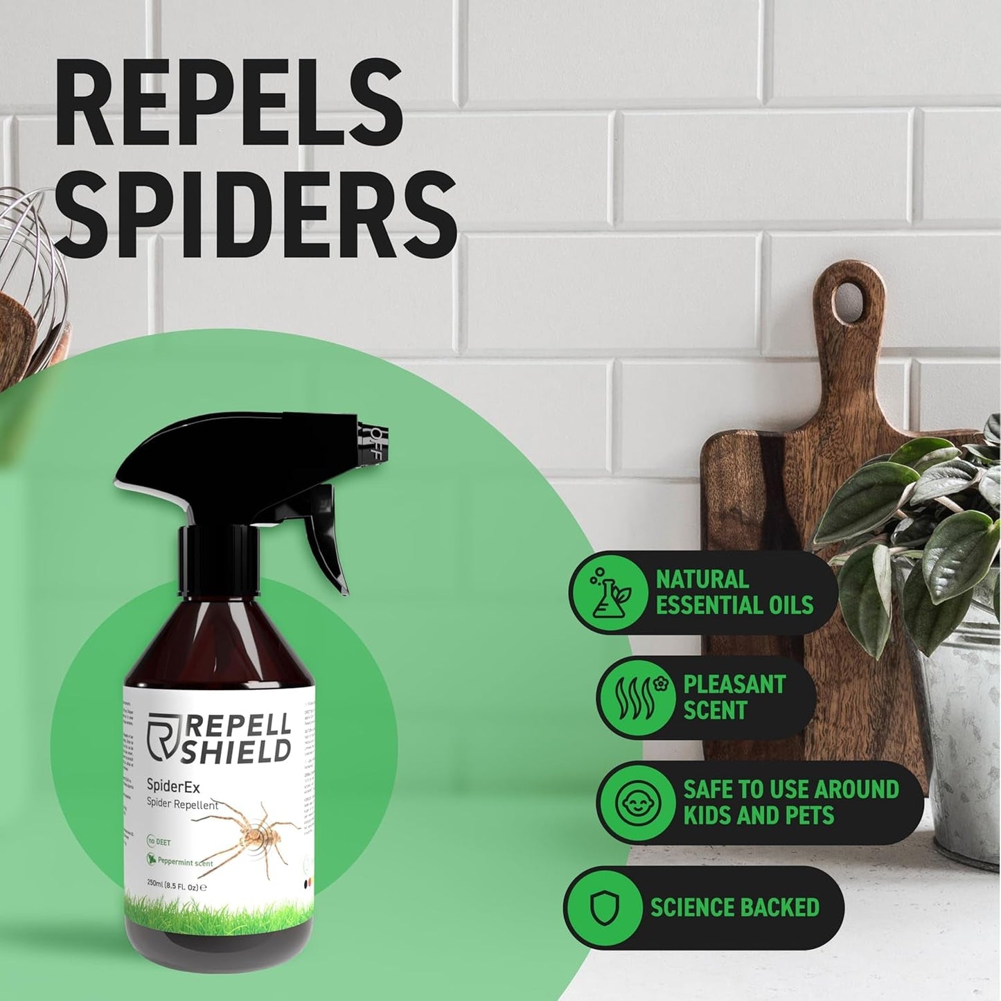 Repellshield Spider Repellent Spray - Natural Peppermint Oil, Pet-Safe, Non-Toxic, High Efficiency Pest Control for Homes, Mint Scented, Versatile Indoors & Outdoors - Eco-Friendly Eradication, 250Ml