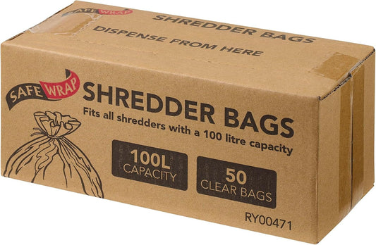 Safe Wrap Shredder Bags, 100L Capacity | Pack of 50 | Durable, High-Density Polythene | Handy Dispenser Box, 100L