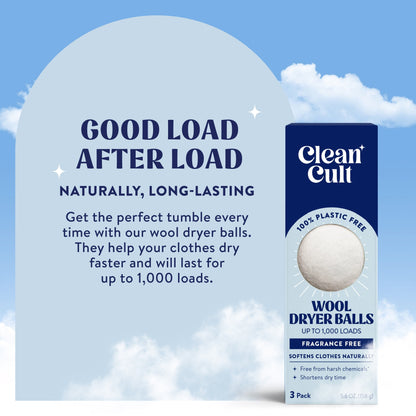 Cleancult Dryer Balls Reusable, 100% New Zealand Wool, Hypoallergenic, Unscented, 3 Pack