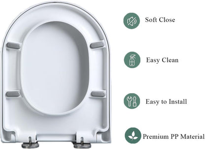 D Shape Toilet Seat, White Soft Close Toilet Seat with Adjustable Stainless Hinge Quick Release, Easy Top Fixing, Anti-Bacterial Toilet Seat Cover for Family Bathroom