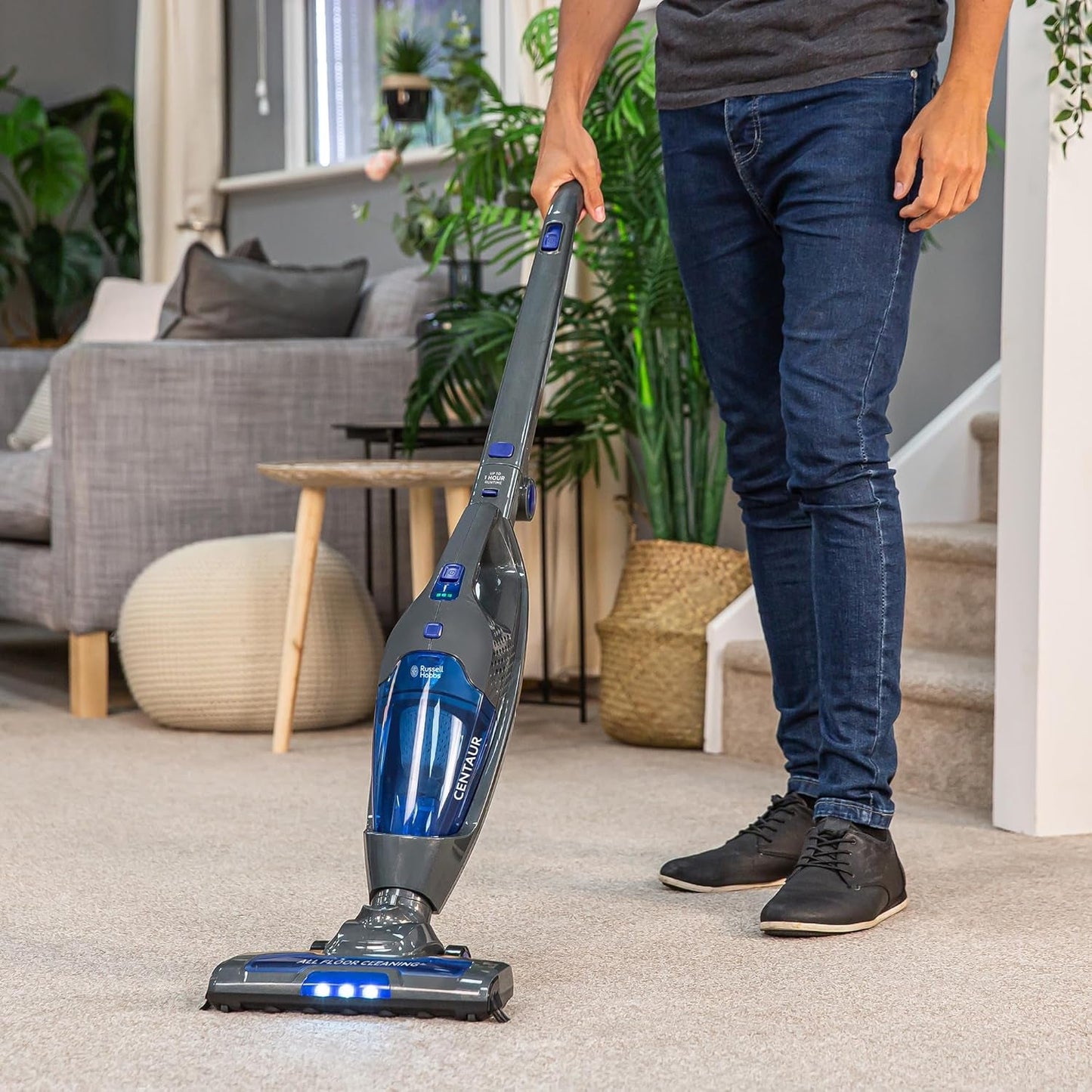 Russell Hobbs Cordless Upright Stick Vacuum Cleaner Bagless 2 in 1 Grey and Blue 600W 2 Speed Settings 60 Min Run Time, for Carpets & Hard Floors with Crevice & Brush Tool, 2 Year Guarantee RHSV2211