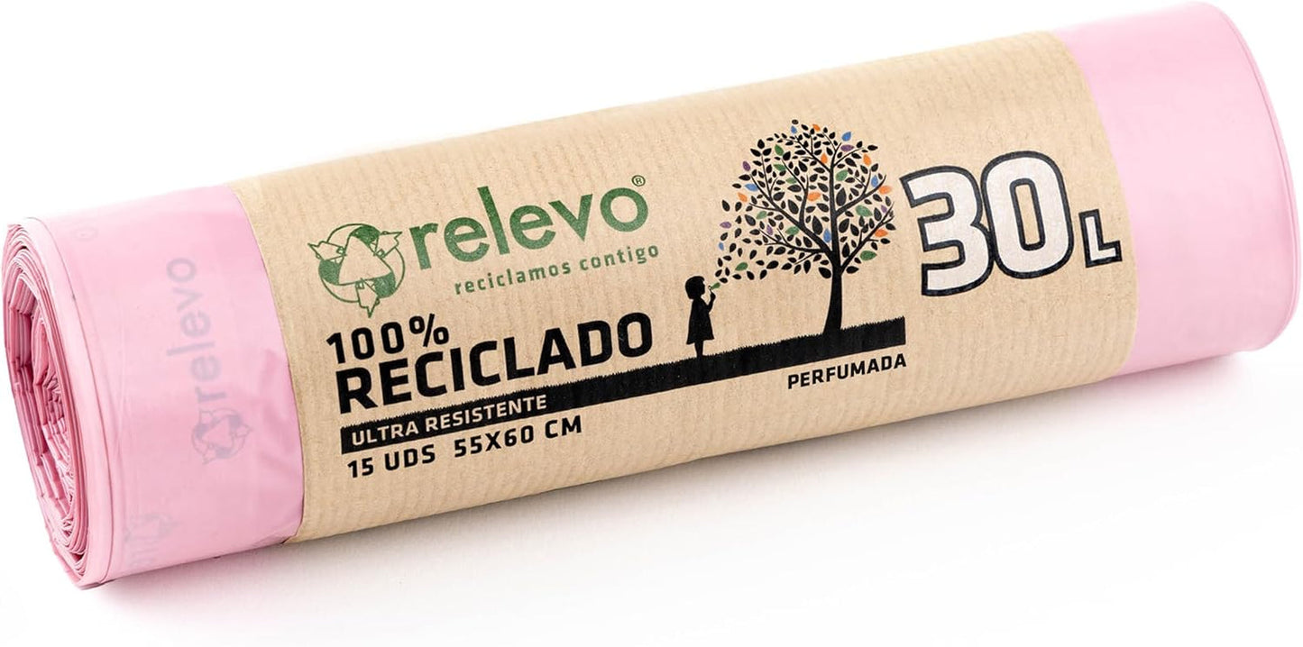 Relevo 100% Recycled Bin Liners, Bin Bags 30L, 90 30 Litre Bin Bags, Garbage Bags