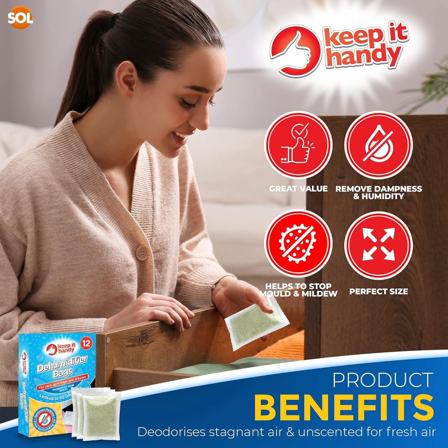 SOL 12Pk Dehumidifier Bags - Interior Dehumidifiers Disposable for Home, Wardrobe & Car - Moisture Absorbers with Damp Control & Odor Removal - Compact & Portable - Fits in Small Area