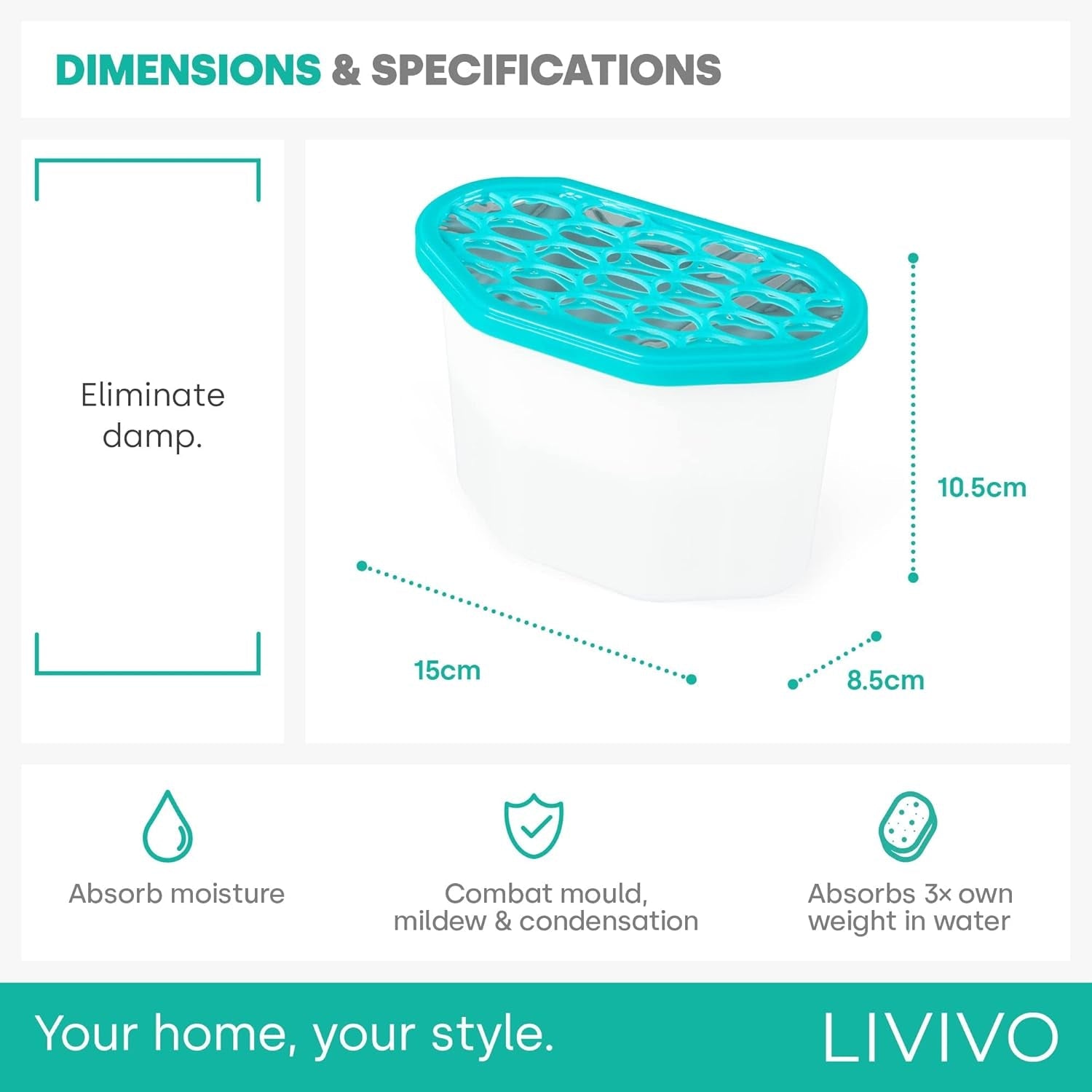 LIVIVO 500Ml Interior Dehumidifier with Fast Acting Natural Hydrophilic Crystals – Ideal for Use around the Home Office and Small Spaces - Helps Prevent Damp Mildew Mould Condensation (Pack of 10)