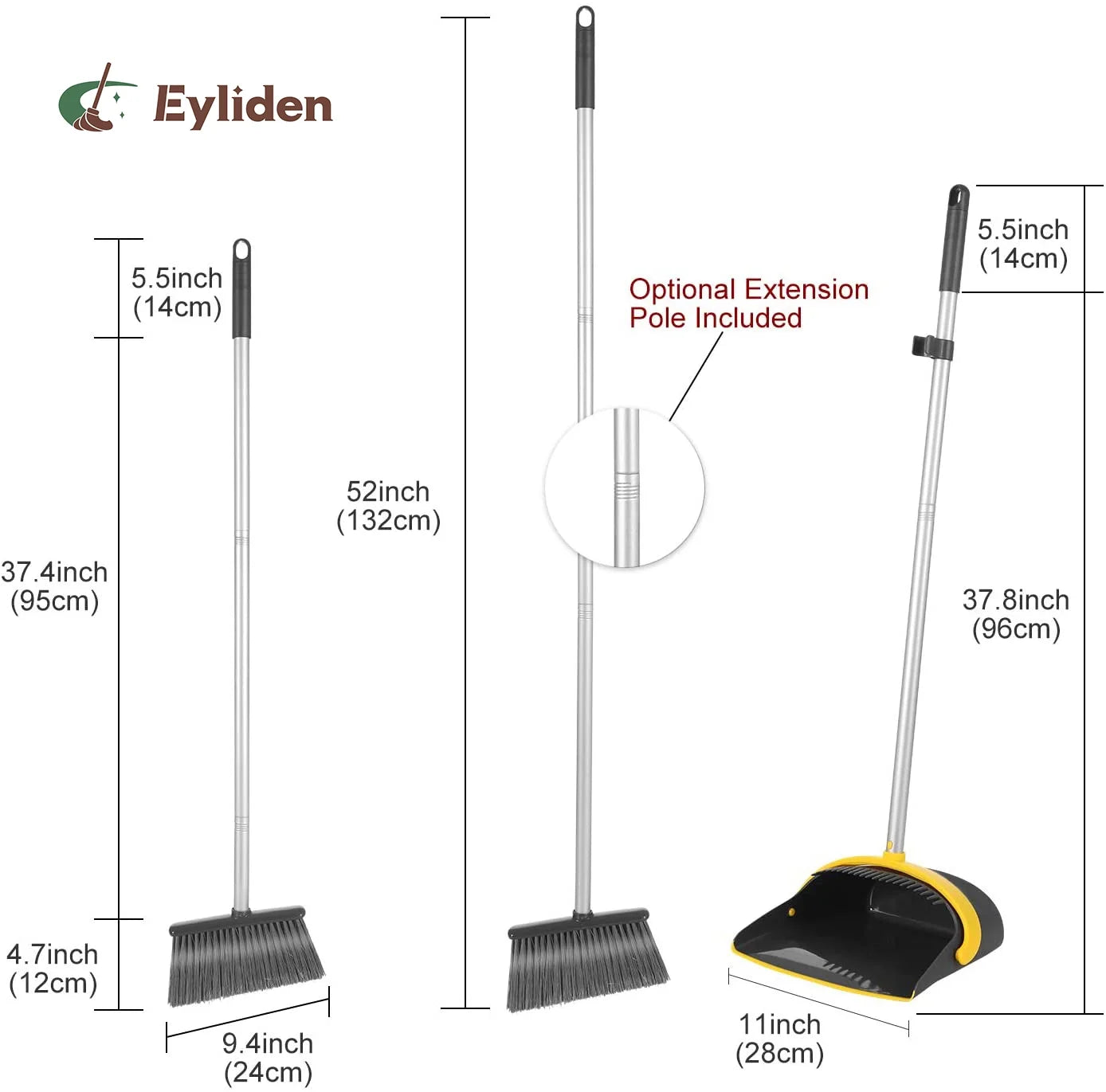 Eyliden Broom and Dustpan Combo Set, Self-Cleaning with Dustpan Teeth, Pet Hair Removal Broom, Stand Up, Extendable to 52" Broom, Dark Grey