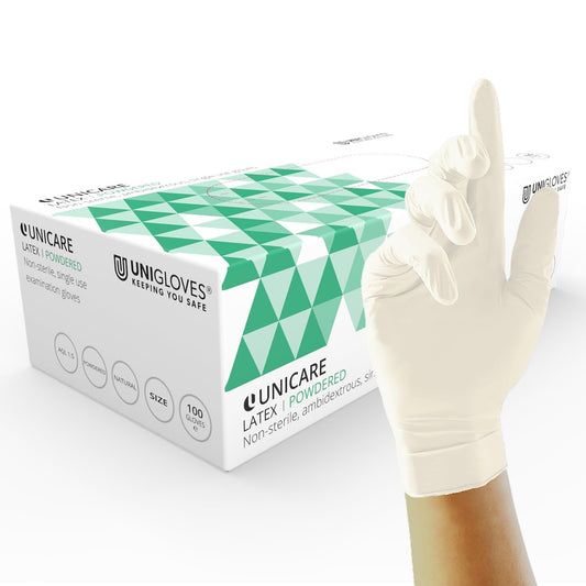 Unigloves Unicare Latex GS0024 Single Use - Multipurpose, Lightly Powdered Disposable Gloves, Box of 100 Gloves, Natural, Large