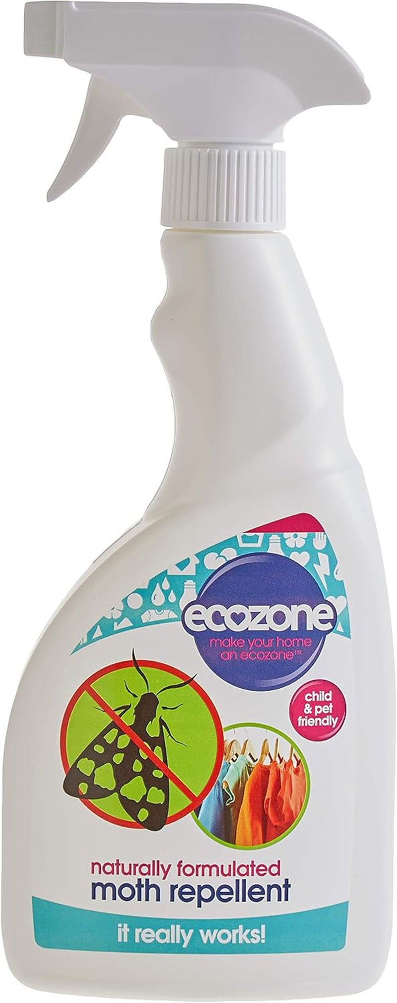 Ecozone Moth Repellent, Humane Natural Formula, Long Lasting Protection Treatment, Suitable for All Fabrics, Gentle on Skin & Clothes, Natural Vegan Eco Friendly Plant-Based Liquid (500Ml Spray)