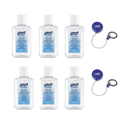 PURELL ADVANCED HAND SANITISER GEL 100Ml X 6 Pack. Flip Top Bottle, with 2 X PURELL PERSONAL Gear Retractable Clip