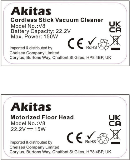 Akitas Cordless Vacuum Cleaner Upright Handheld Stick Lightweight Rechargeable Lithium Battery Good for Carpet, Pet Hair (AKV8)