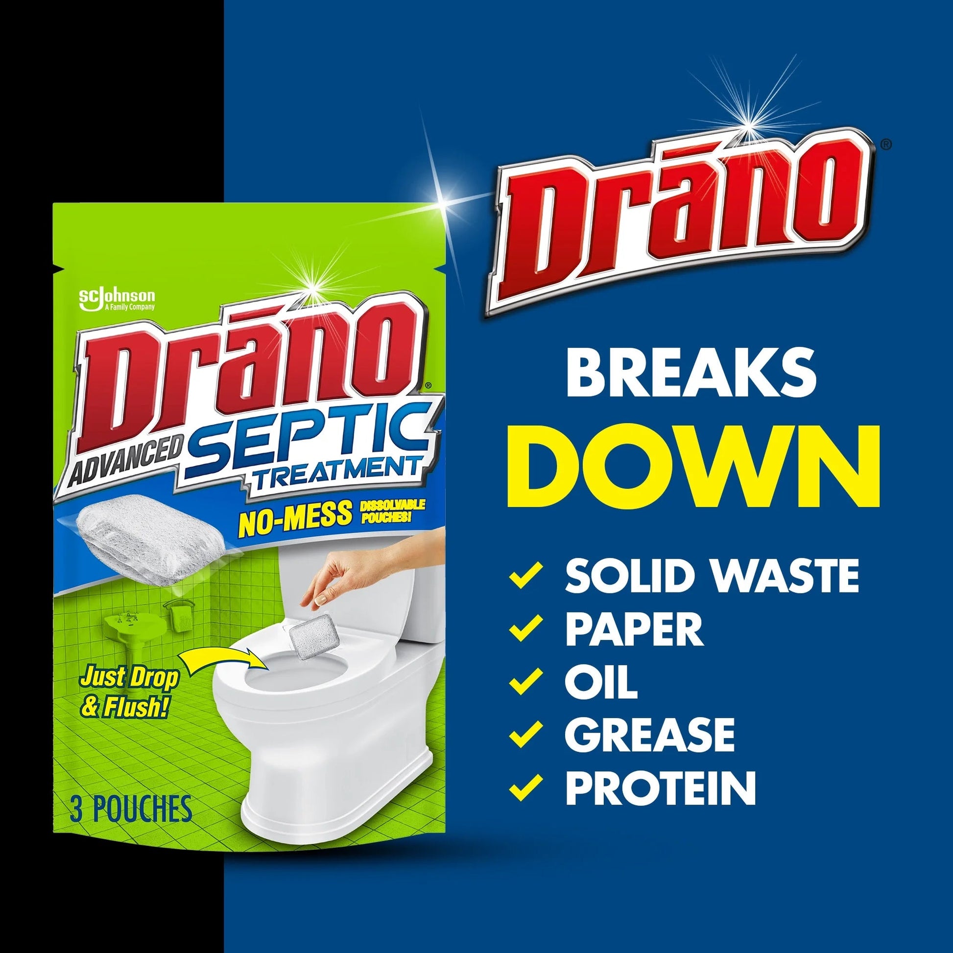 Drano Advanced Septic Treatment, Monthly Flushable Septic Tank Enzyme Care, 4.5 Oz, 3 Count