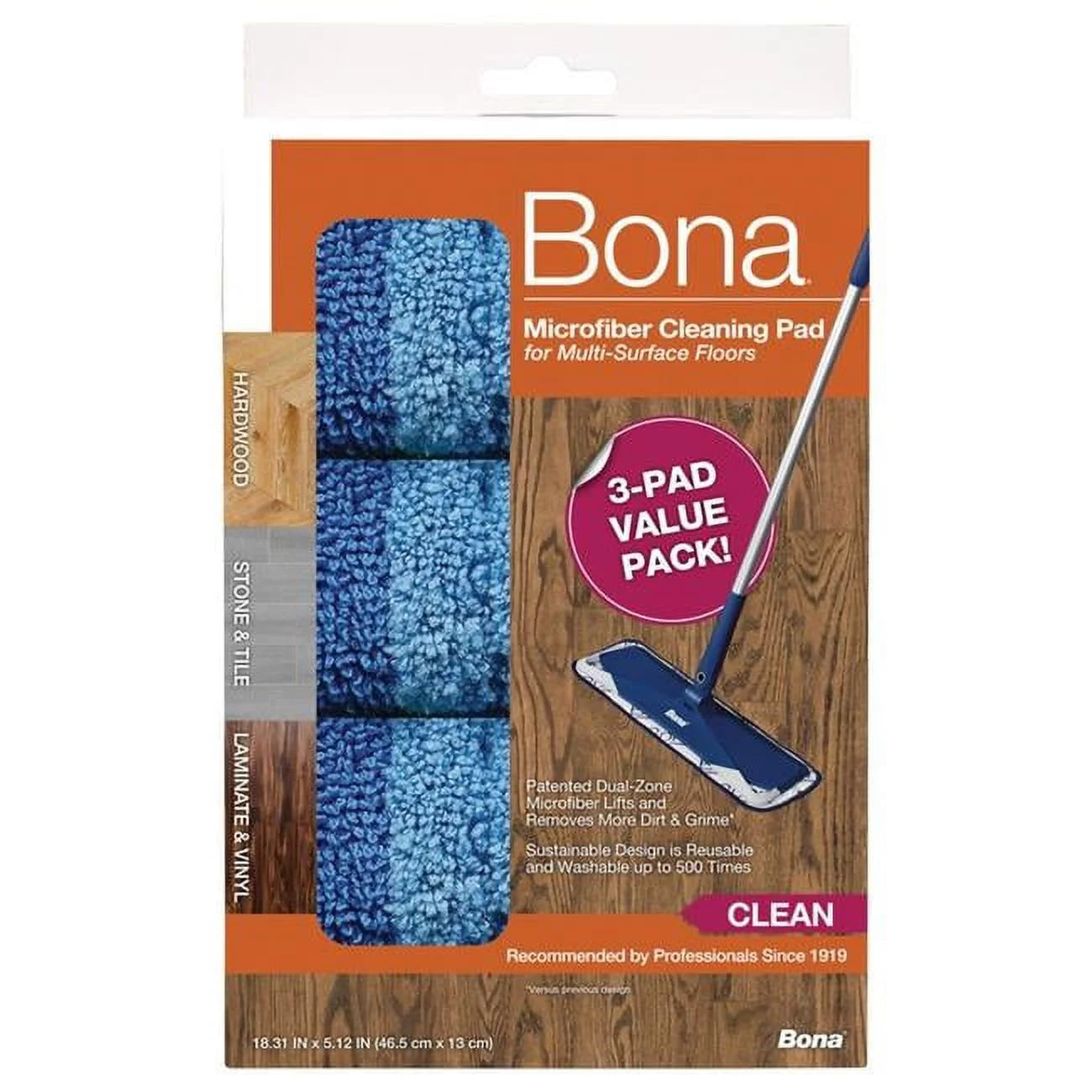 Bona 5.12 X 18.31 In. Cleaning Microfiber Mop Pad, Blue - Pack of 3