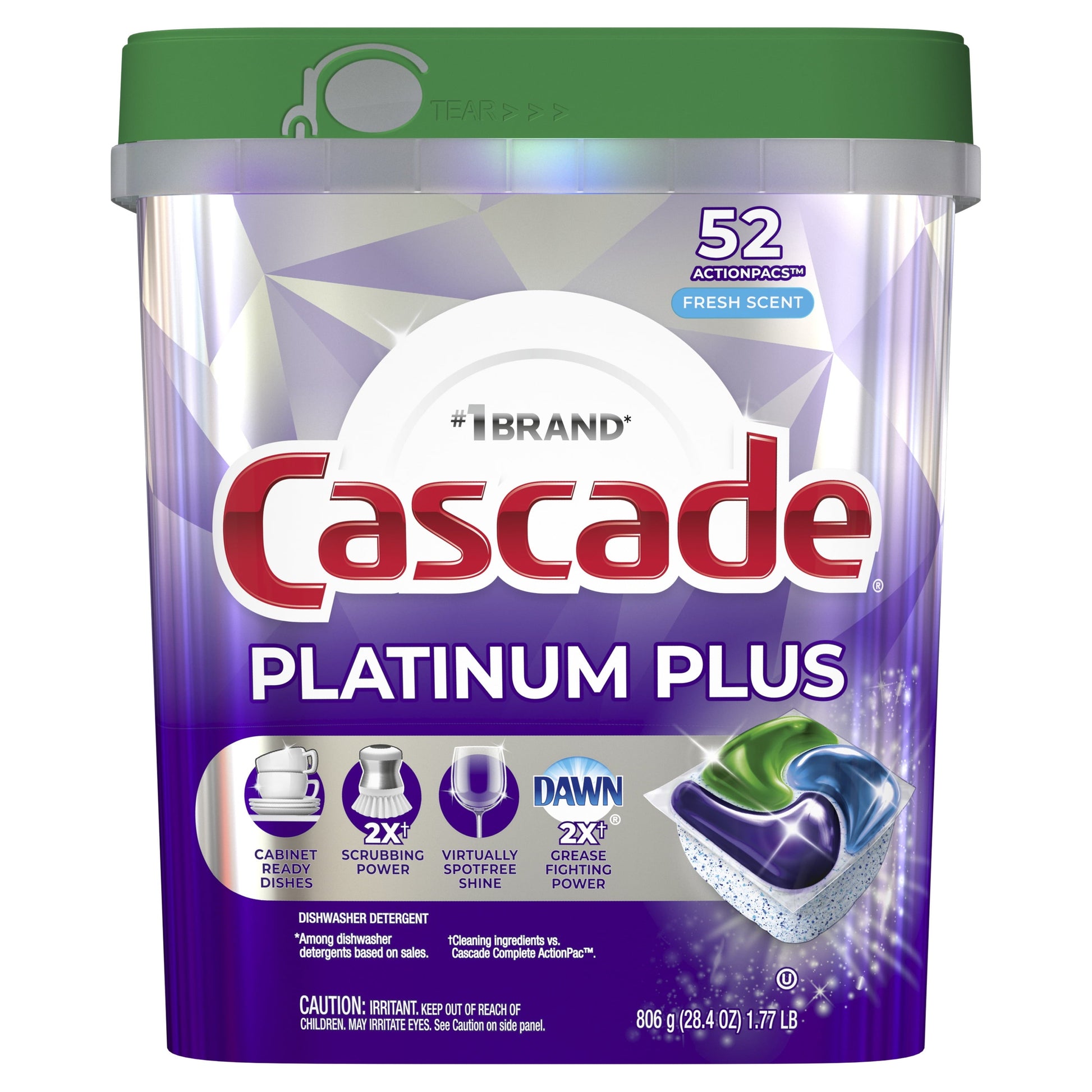 Cascade Platinum plus Dishwasher Pods, Action Pacs Dishwasher Detergent Tabs, Fresh, 52 Count