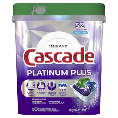 Cascade Platinum plus Dishwasher Pods, Action Pacs Dishwasher Detergent Tabs, Fresh, 52 Count