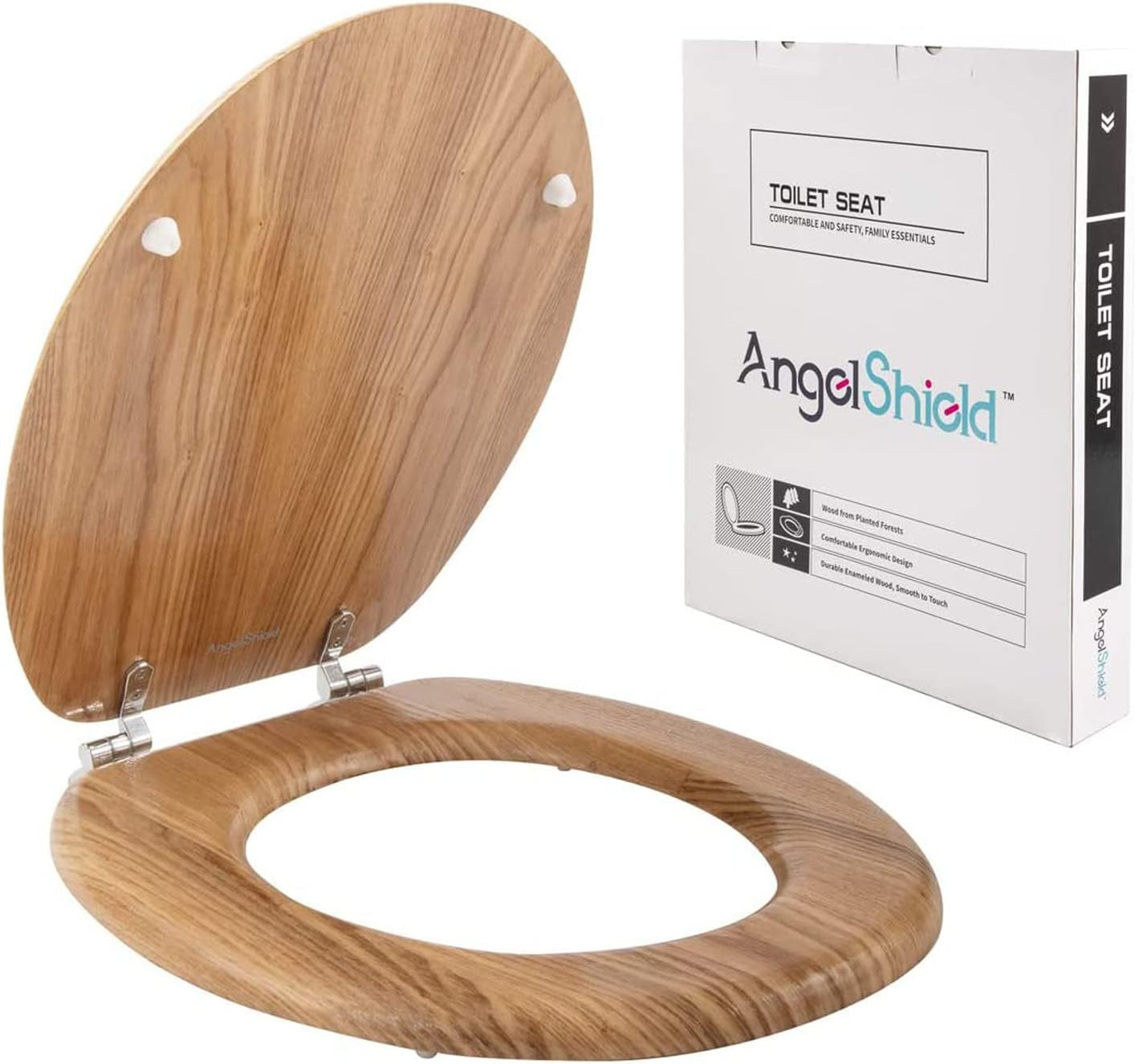 Angel Shield Toilet Seat Antibacterial Wooden Toilet Seat Adjustable Hinges Toilet Seat Always Fits Never Slips for Bathroom, 45 X 37 X 5.6 Cm (Solid Oak)