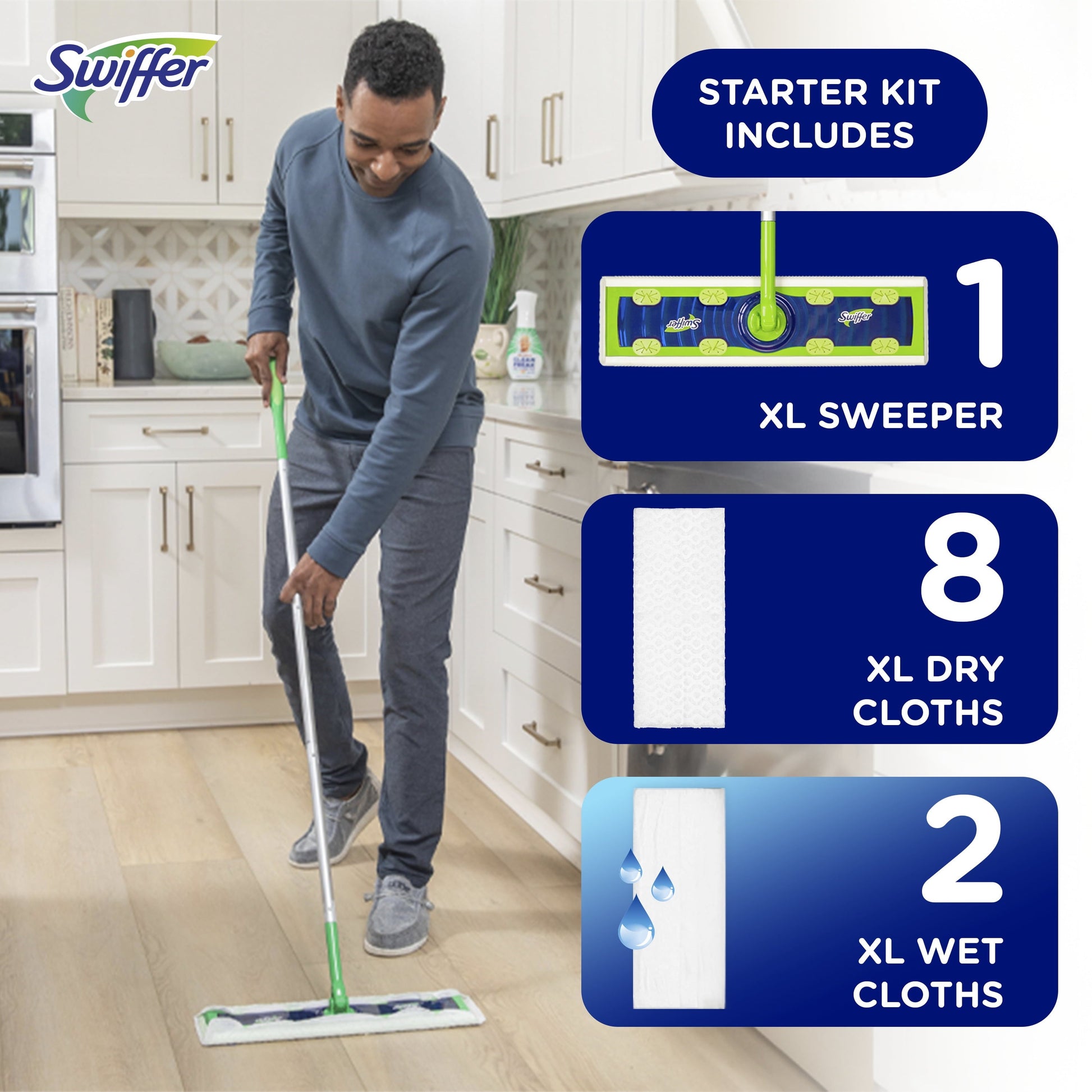 Swiffer Sweeper Dry + Wet XL Sweeping Kit (1 Sweeper, 8 Dry Cloths, 2 Wet Cloths)