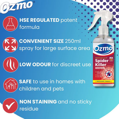 Ozmo Spider Killer Spray, 250Ml, Use on Hard Non-Porous Surfaces, Hard and Soft Furnishings, Carpets and Fabrics