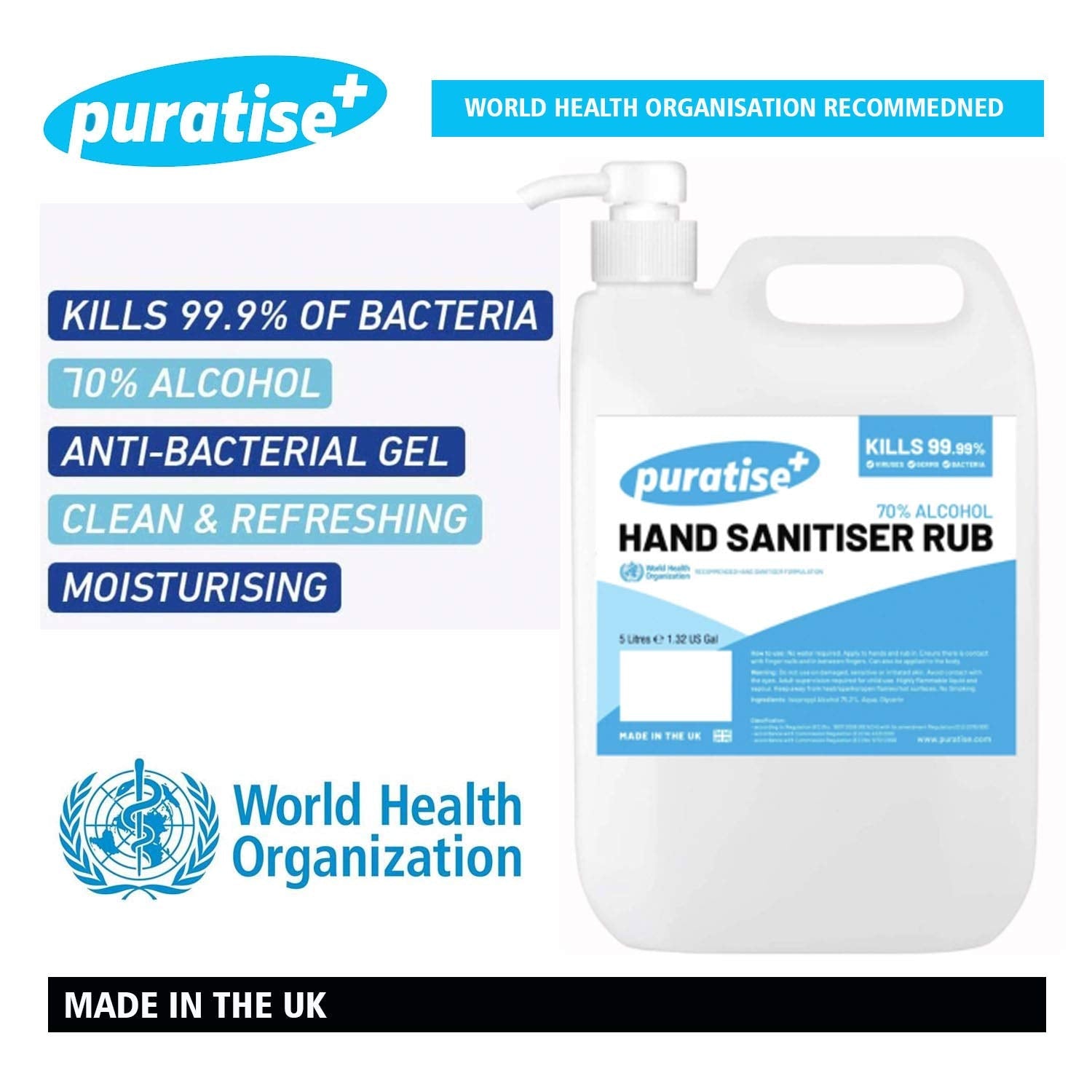 Hand Sanitiser PURATISE 1L Hand Sanitiser Alcohol Liquid RUB with Pump - 70% Hand Sanitizer Kills 99.99% of Germs & Bacteria - X1 MADE in the UK