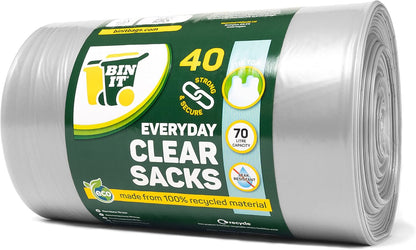 BIN IT 40 Clear Large 70L Strong & Secure, Tie Top, Recycling Sacks, Bin Bags, Bin Liners, Refuse Sacks, Recycled, Tear Resistant, 120 Gauge - 30 Μm, Perfect for Everyday Use