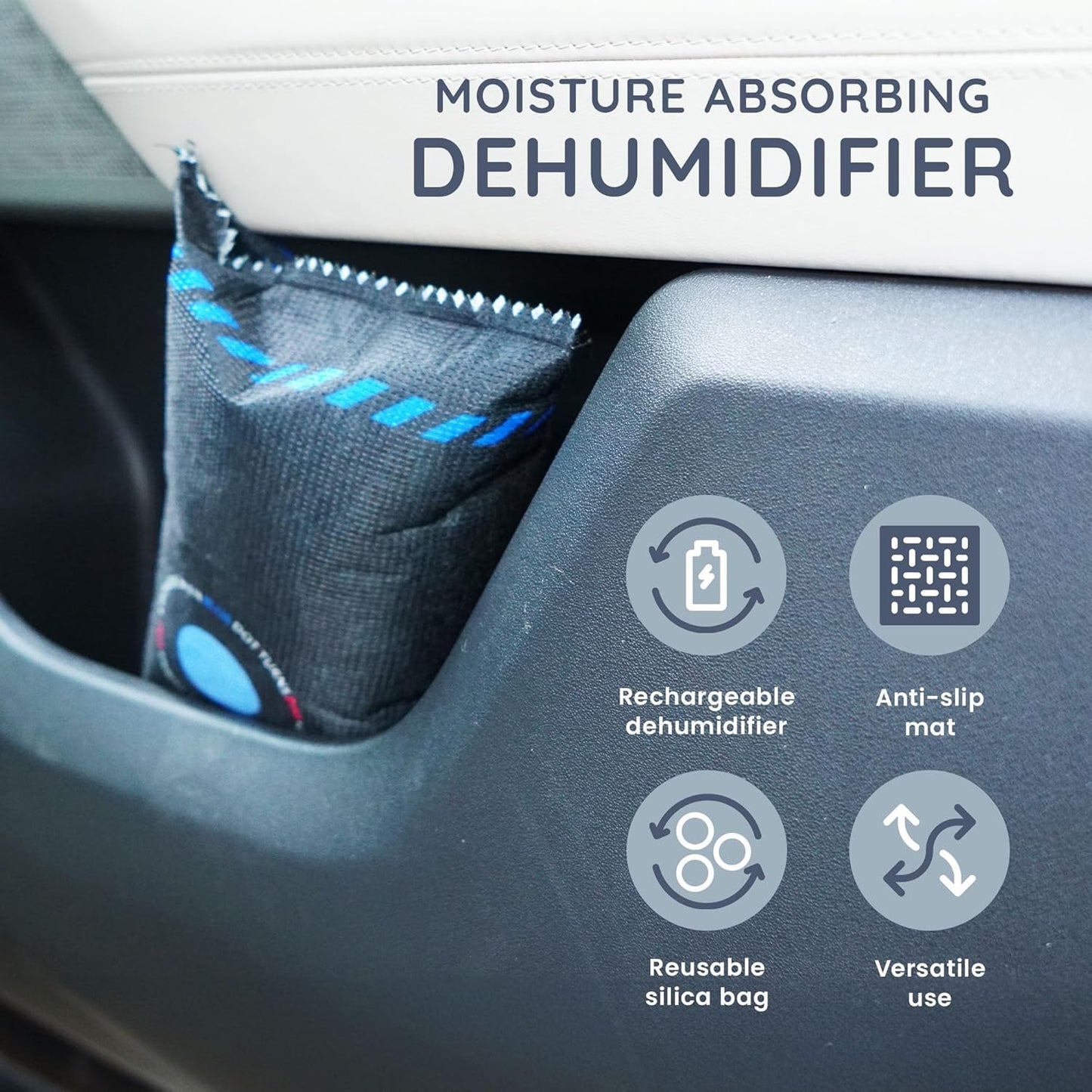 CUQOO Reusable Car Dehumidifier Bag for Car Interior - Moisture Absorber with Dashboard Mounting Anti-Slip Mat, Microwave Fast Reactivated Packets, Rechargeable Dehumidifier