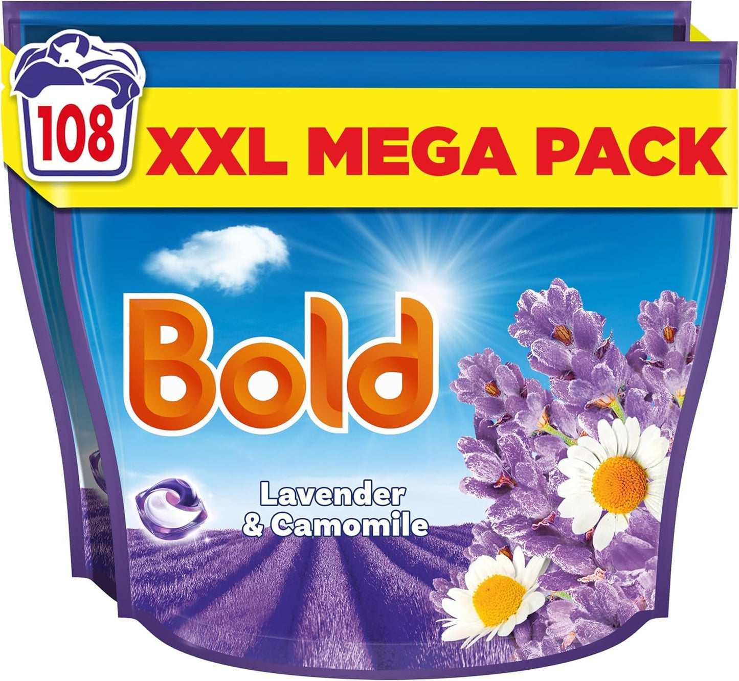 Bold All-In-1 Pods Washing Liquid Capsules Lavender & Camomile 108 Washes (54X2), Washing Detergent for Brilliant Cleaning with Built-In Fabric Softener