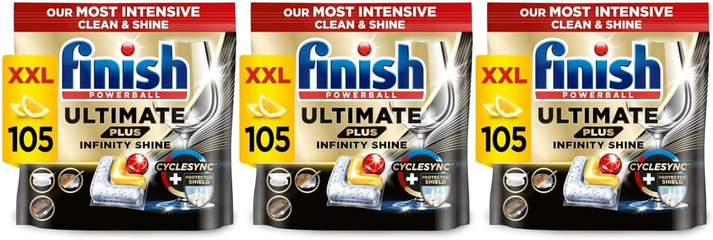 Finish Ultimate plus Infinity Shine Dishwasher Tablets Bulk | Scent : Lemon | Size: 105 Dishwasher Tabs |For Superb Clean and Diamond Shine, Packaging May Vary