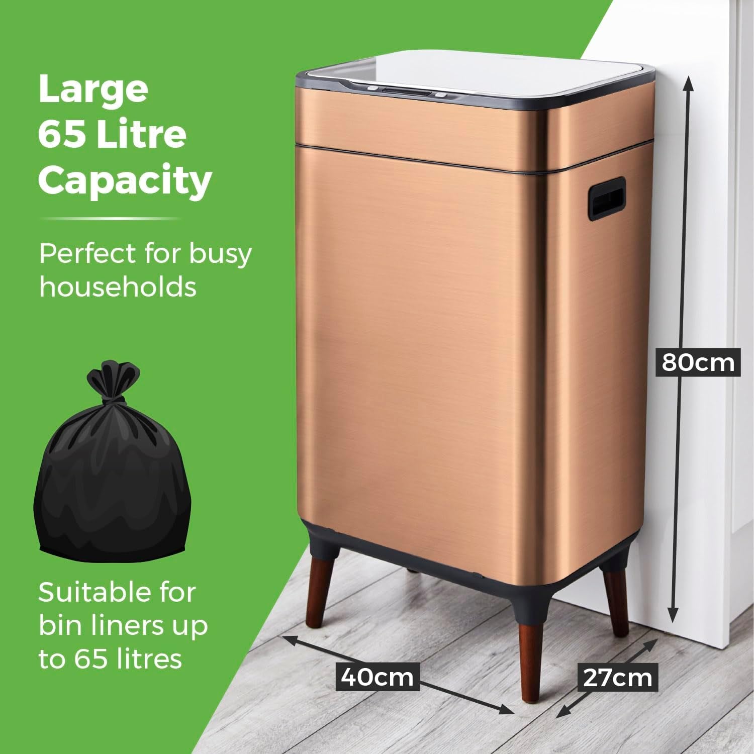 Tower T938022COP Ozone Sensor Bin with Legs, Large 65L, Hands Free Opening, Carbon Filter, Copper