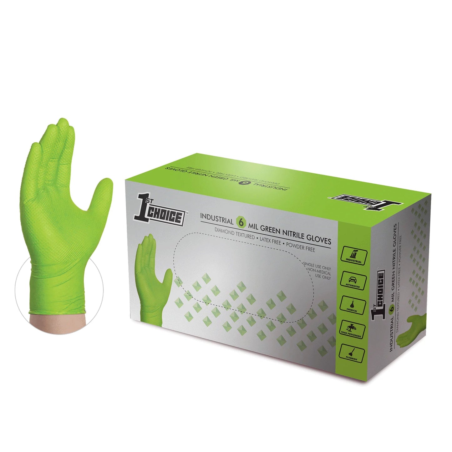 1St Choice Green Disposable Nitrile Gloves Size Medium, 1000 Count, Diamond Grip