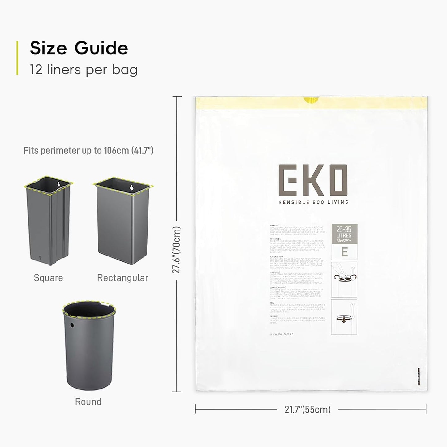 EKO Size E Bin Liners for Kitchen Bins - 25 - 35 Litre Capacity - Extra Strong Bags with Drawstring Tie Handles - 12 Bags, White