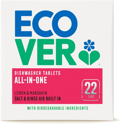 Ecover All in One Dishwasher Tablets, Contains Salt & Rinse Aid, Powerful Cleaning, Fresh Lemon & Mandarin Scent, Pack of 1, 68 Tablets