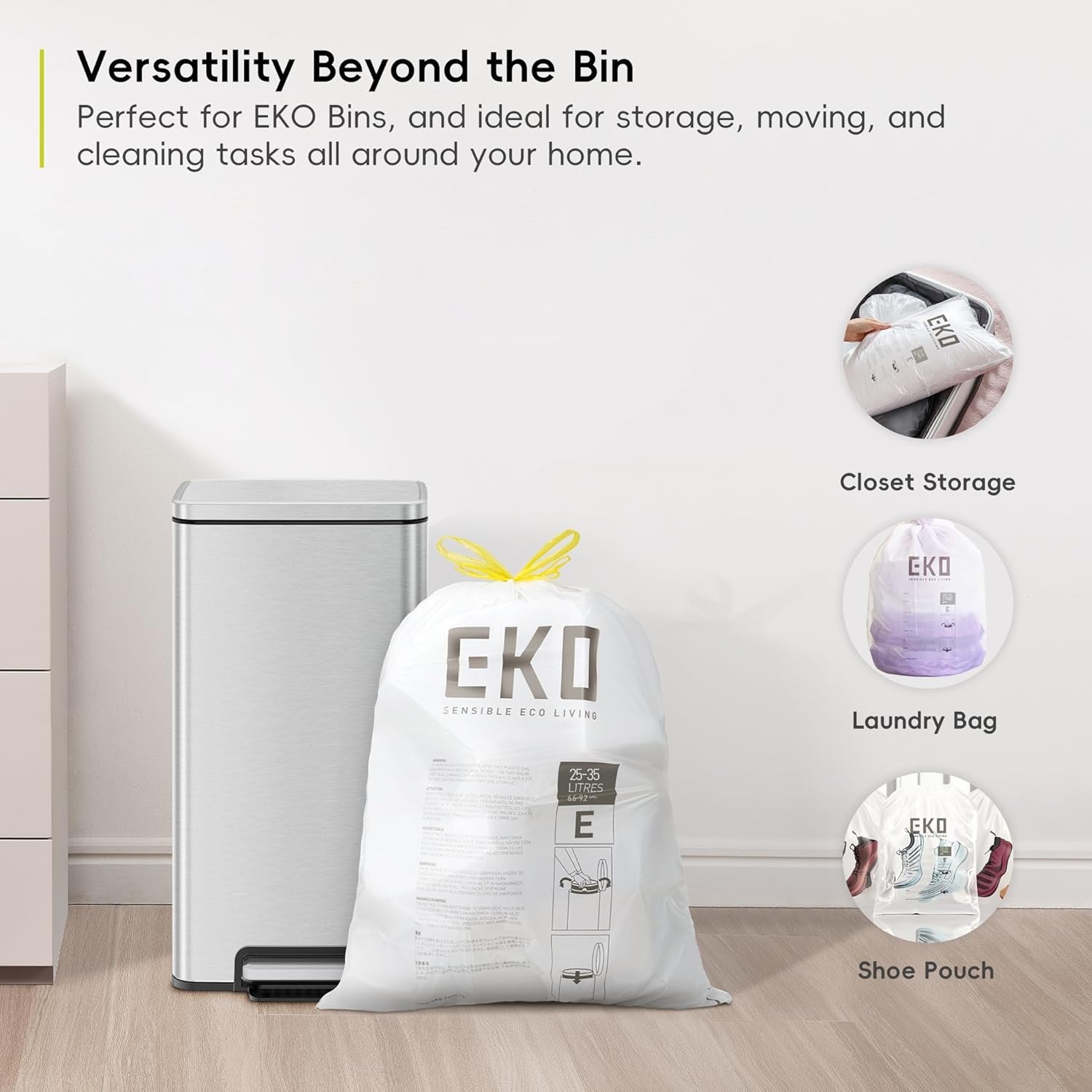 EKO Size E Bin Liners for Kitchen Bins - 25 - 35 Litre Capacity - Extra Strong Bags with Drawstring Tie Handles - 12 Bags, White