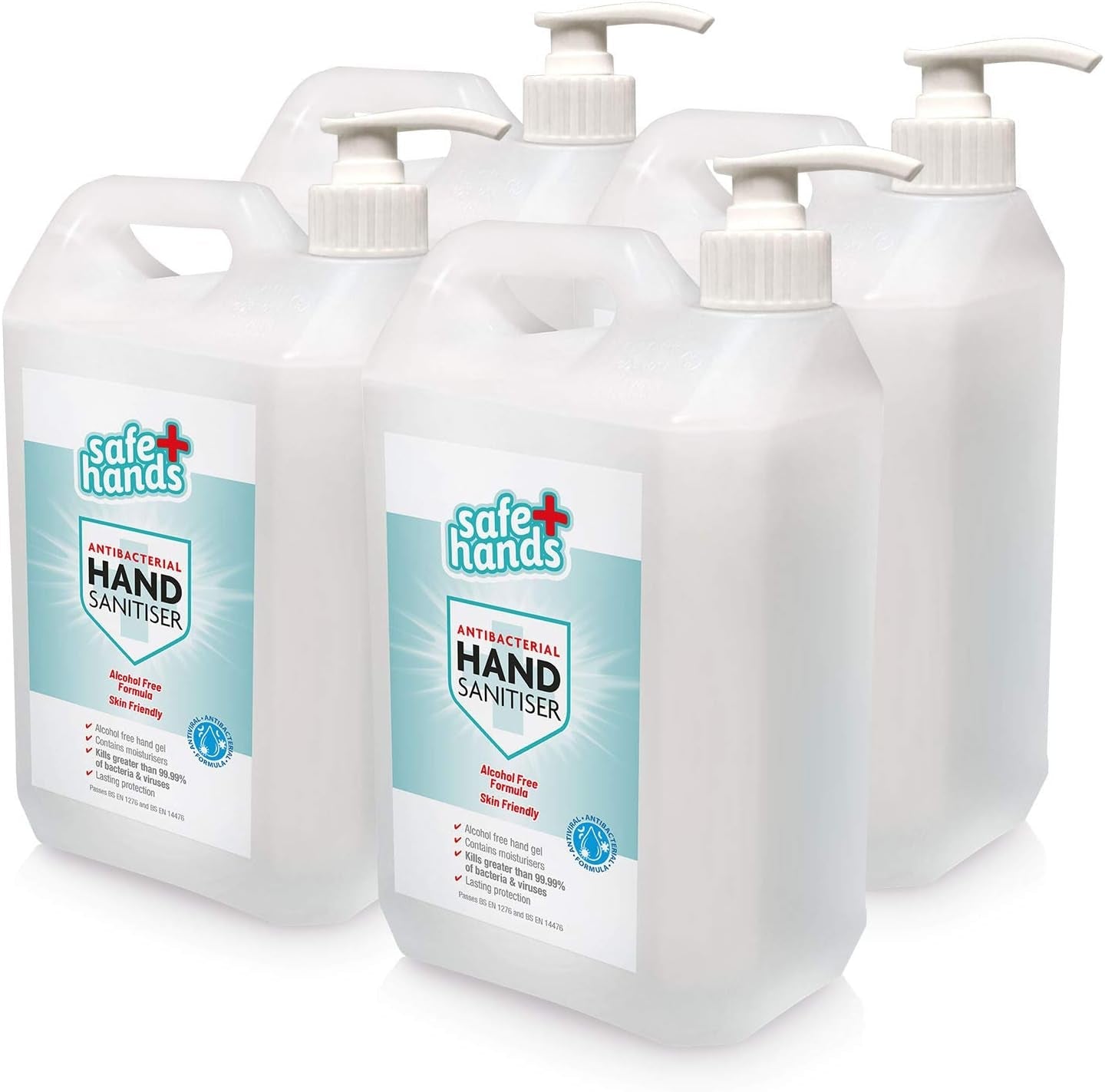 Safe Hands Hand Sanitiser Gel | Alcohol Free | 5 Litre (2 Pack) with 2 Manual Dispenser Pumps | Antibacterial & Antiviral Non Alcohol Hand Sanitizer | Contains Moisturisers