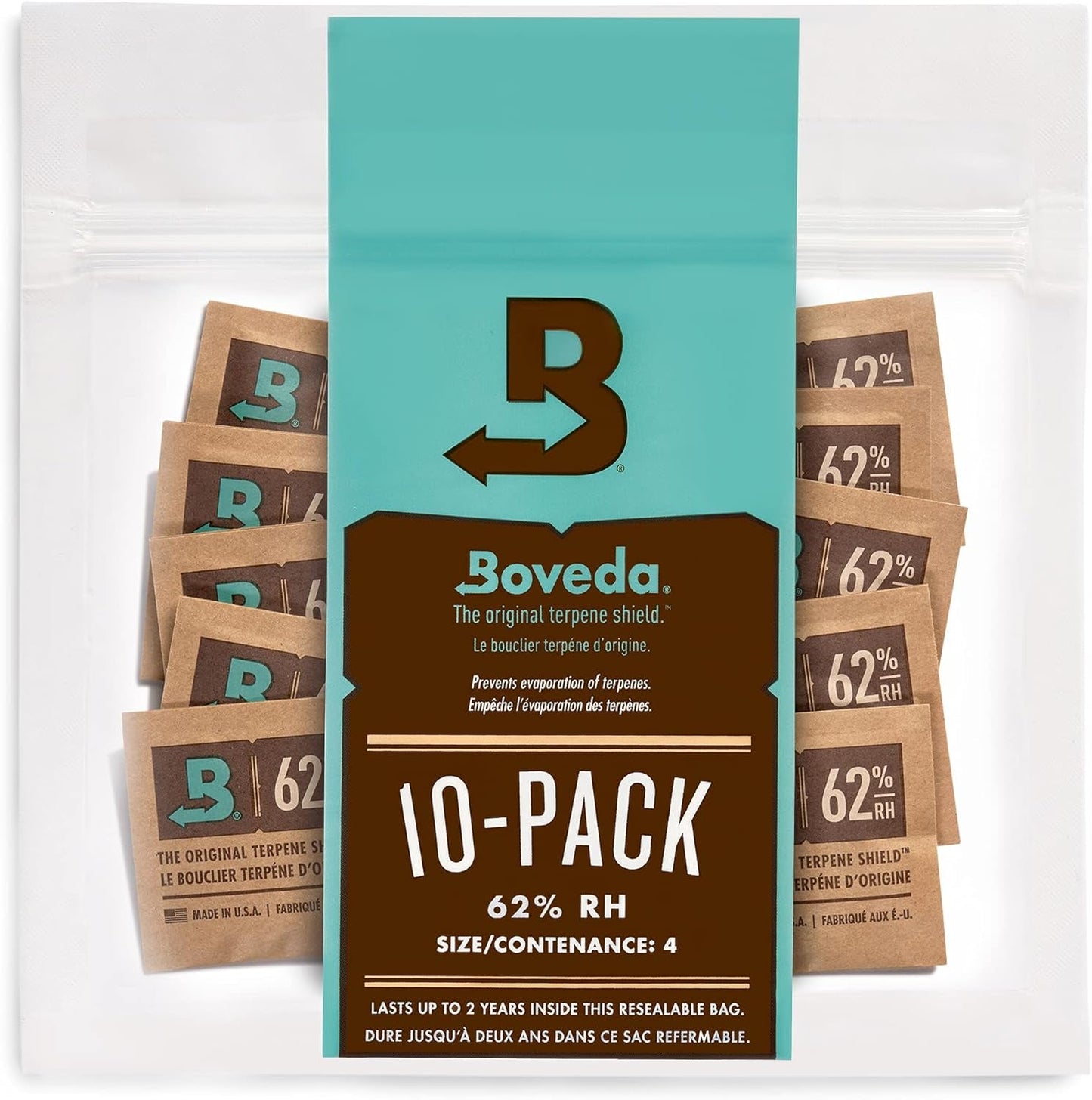 Boveda 62% Two-Way Humidity Control Packs for Storing ½ Oz – Size 4 – 10 Pack – Moisture Absorbers for Small Storage Containers – Humidifier Packs – Hydration Packets in Resealable Bag