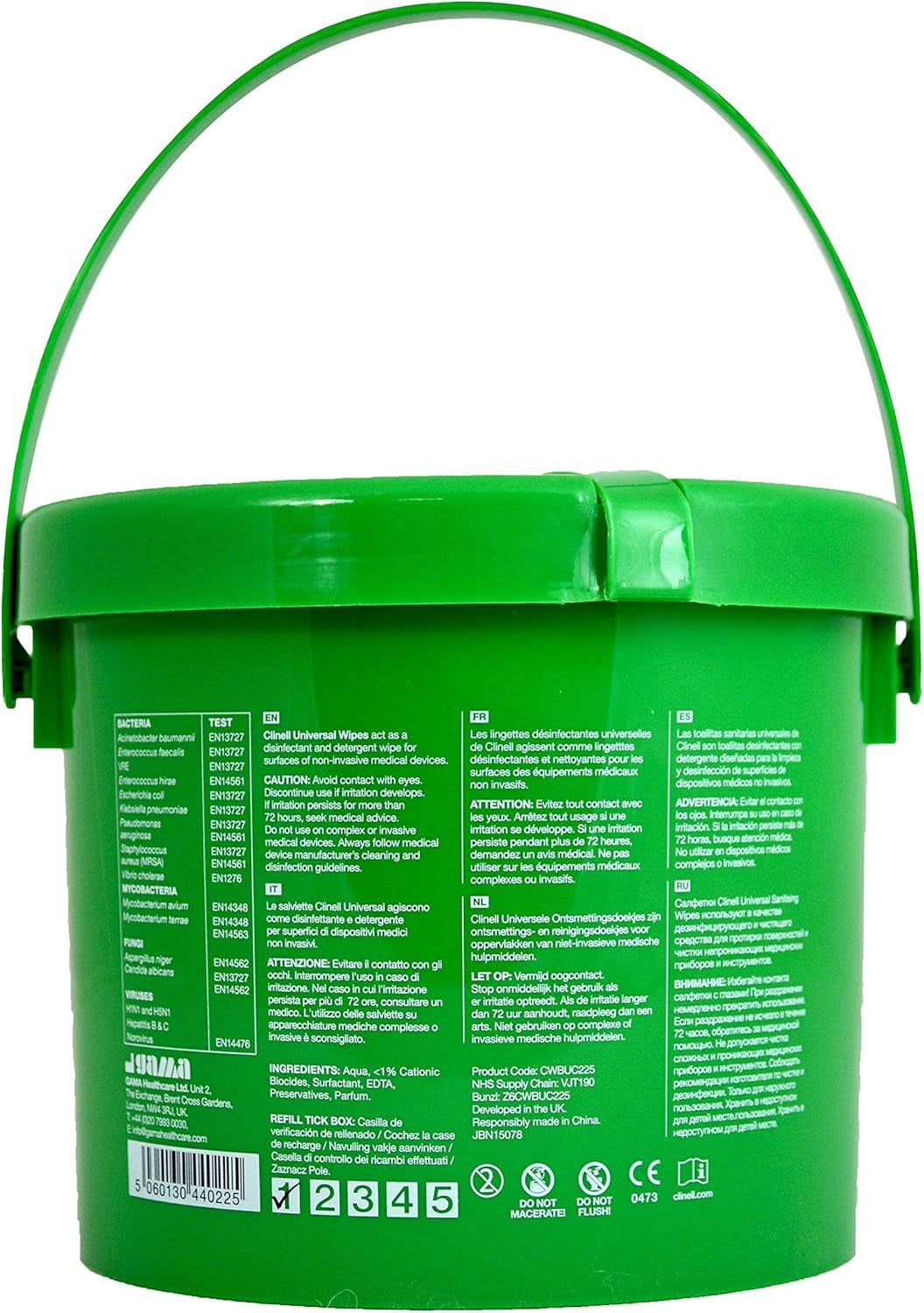 Clinell Universal Cleaning and Disinfectant Wipes Bucket - Pack of 225 - Multi Purpose Wipes, Kills 99.99% of Germs, Effective from 30 Seconds