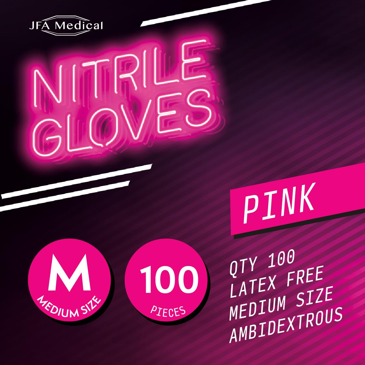 JFA Medical Medium Size Disposable Powder Free Pink Nitrile Gloves - Box of 100