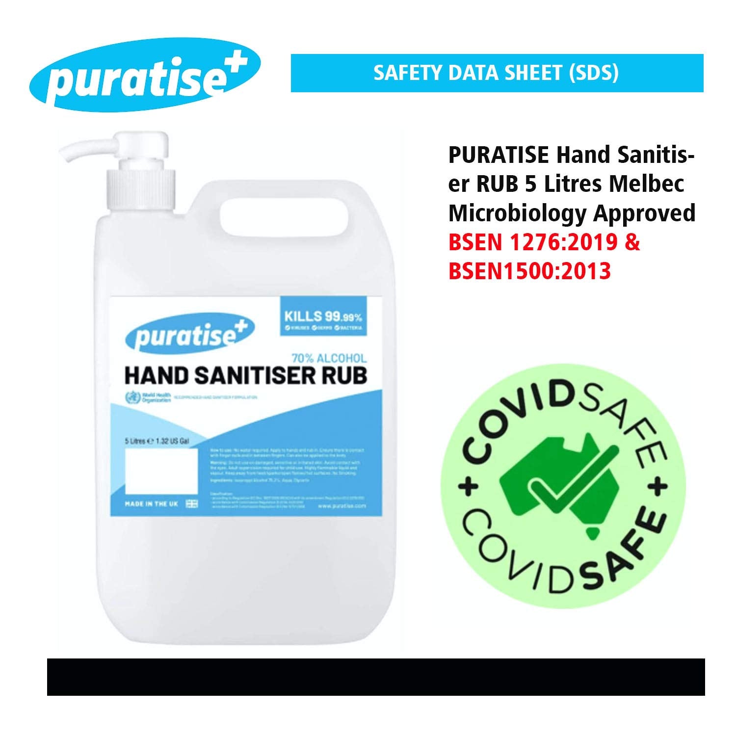 Hand Sanitiser PURATISE 1L Hand Sanitiser Alcohol Liquid RUB with Pump - 70% Hand Sanitizer Kills 99.99% of Germs & Bacteria - X1 MADE in the UK