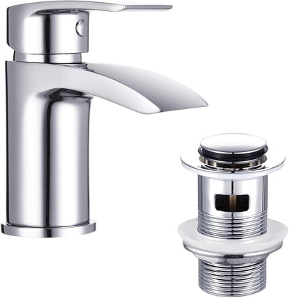 Funime Basin Taps Mixer Waterfall Bathroom Sink Tap Mixers Mono Chrome with Pop up Waste Brass Single Hole Monobloc with Hoses G1/2'' Modern Round