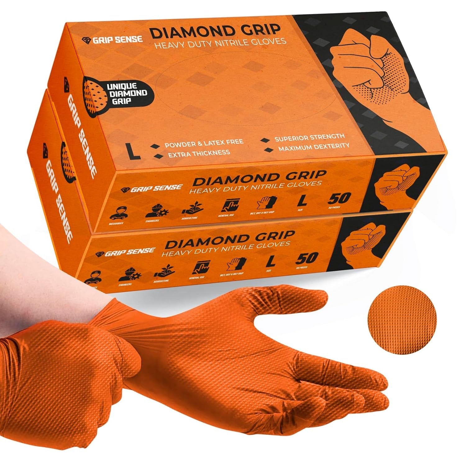 Gripsense Nitrile Gloves (2 Packs of 50) - High Density Diamond Grip Orange Gloves - Latex & Powder Free Orange Nitrile Gloves Large - Mechanic Gloves Extra Thick & Super Strong - Max Dexterity L5