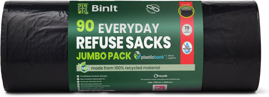 Binit 90 Jumbo Pack Everyday 70L Strong & Secure, Refuse Sacks, Bin Bags, Bin Liners, Flat Top, Recycled, Tear Resistant, 30 Μm, Perfect for Everyday Use, Household, Office, Kitchen & Caterers