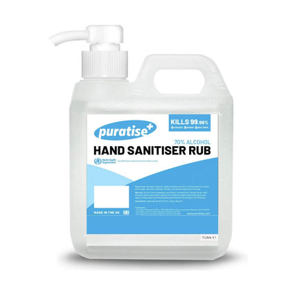 Hand Sanitiser PURATISE 1L Hand Sanitiser Alcohol Liquid RUB with Pump - 70% Hand Sanitizer Kills 99.99% of Germs & Bacteria - X1 MADE in the UK