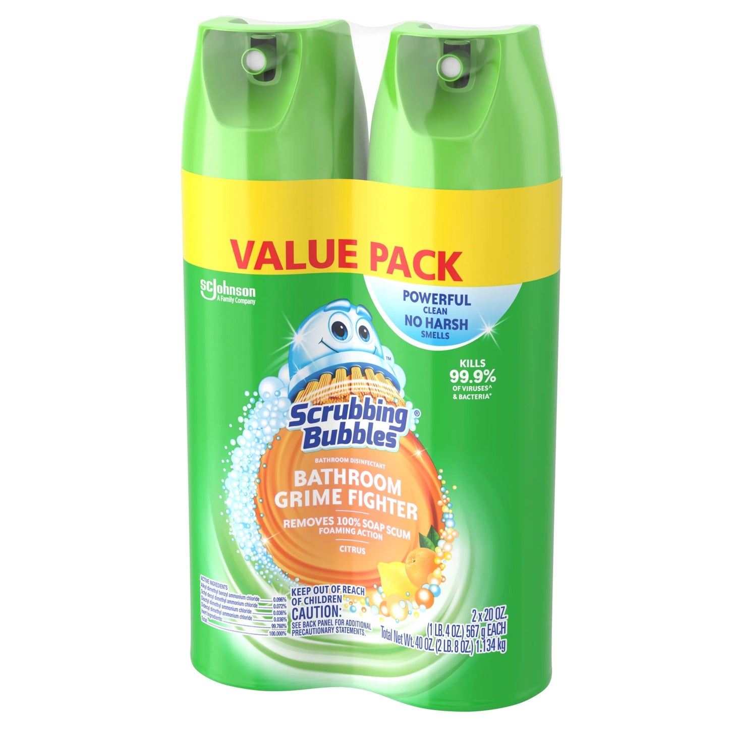 Scrubbing Bubbles Bathroom Grime Fighter, Disinfectant Cleaner Aerosol, Citrus, 20 Oz, 2 Count