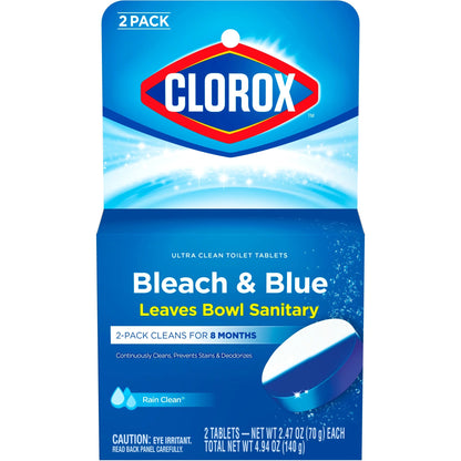 Clorox Bleach and Blue Toilet Bowl Cleaner Tablets, Rain Clean, 2 Count