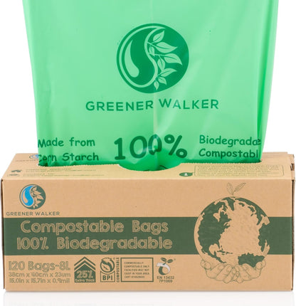 Greener Walker 6L-150Bags 100% Compostable Biodegradable Bin Liners 6L/10L/30L Food Waste Bags with EN13432 Certificate Caddy Kitchen Bin Liners