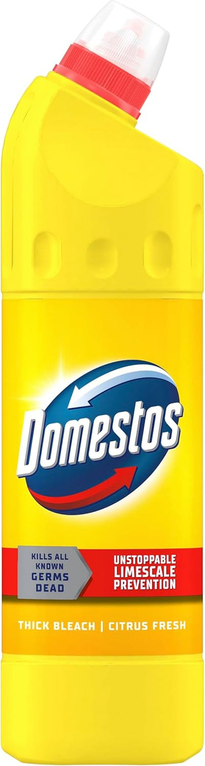 Domestos Citrus Fresh Thick Bleach Disinfectant That Eliminates 99.99% of Bacteria and Viruses* Unstoppable Limescale Prevention 750 Ml