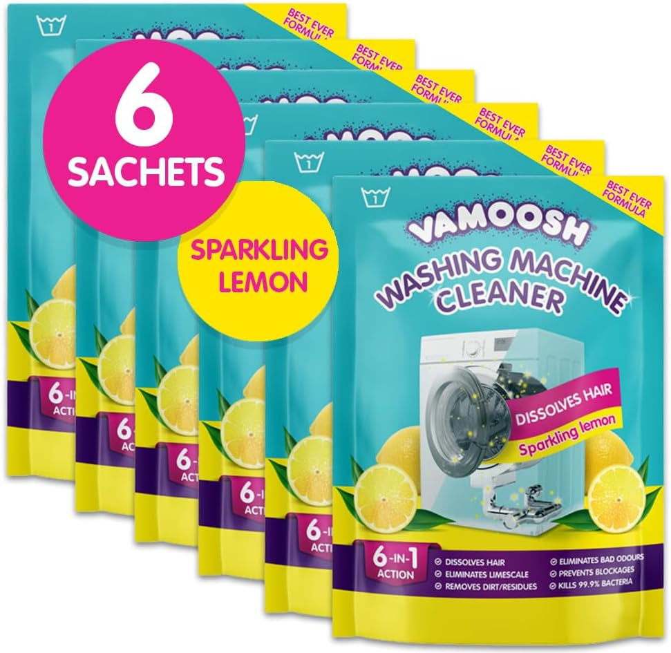 Vamoosh 6-In-1 Washing Machine Cleaner, Dissolves Hair, Eliminates Bad Odours, Removes Limescale, Deep Clean, Leaves Smelling Fresh, Antibacterial, Descales (Lemon, Single Pack)